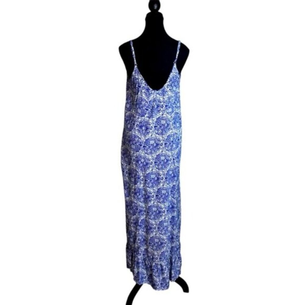 Buenos Ninos Women’s Large Spaghetti Strap Sundress Blue Patterned Maxi
